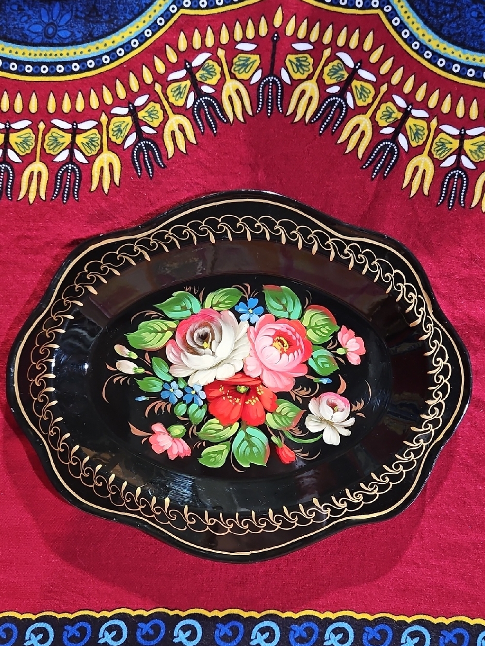 VTG Russian Zhostova Hand Painted Signed Folk Art Floral Lacquered Tray